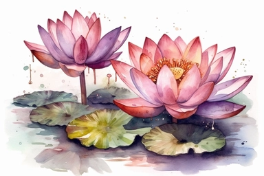 watercolor lila lotus flowers and buds on the water clipart, hd, on white background, spaced out