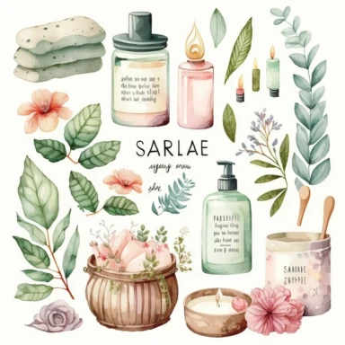 Spa, massage, sauna, aromatic oils, soaps, scented candles, towels, scented incense, watercolor, clipart, white background, pastel colors