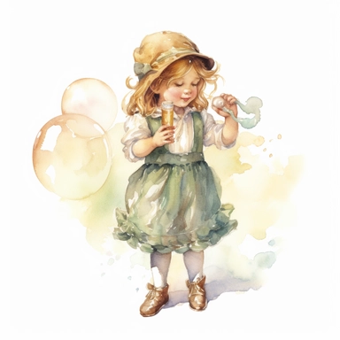 vintage adorable little girl blowing soap bubbles, pastel colors, clipart style, watercolor technique, super high quality, professional watercolor clipart, high resolution