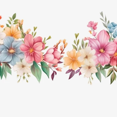 watercolor, Horizontal white banner or floral backdrop decorated with gorgeous multicolored blooming flowers and leaves border. Spring botanical png Full body realistic cartoon in 32K UHD cute. 15 cm thick outline. Black color. There was no shadow on the ground. 8k with realistic watercolors and detailed illustrations. PNG clipart, transparent white background