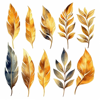 watercolor clipart gold leafs flashs tattoo, white background, realitic