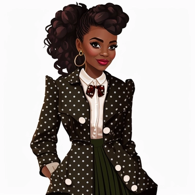 beautiful smiling african american woman from a video game walking wearing polka dot suit with large pleated bow on jacket, clipart