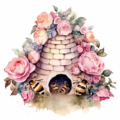 watercolor beauty round beehive in a garden with roses clipart on white background