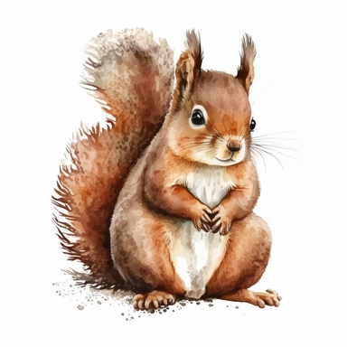 cute squirrel, watercolor clipart, realistic, childlike animal illustration, isolated on white background, Beatrix Potter, clean blended strokes, ginger and dark brown color, eating