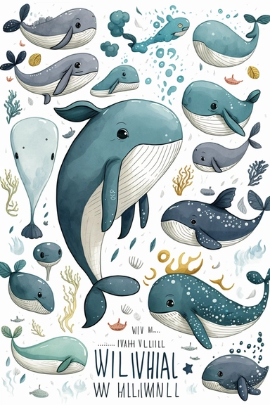 a whimsical cute whale cartoon clipart collection on white background with margins, watercolor, sprite sheet, 2d, icon, sticker art
