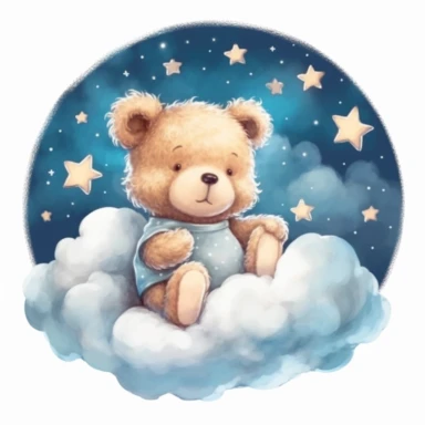 ultra detailed cute baby Teddy Bear taking a nap on clouds, Clipart, moon and stars on the background, super adorable