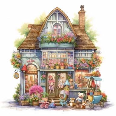 a very cute toy shop with lots of toys , clipart, exterior view, cozy, flowers, luminious, dramatic lighting, super detailed, daytime, Thomas Kinkade style, watercolor, 8k, on isolated white background