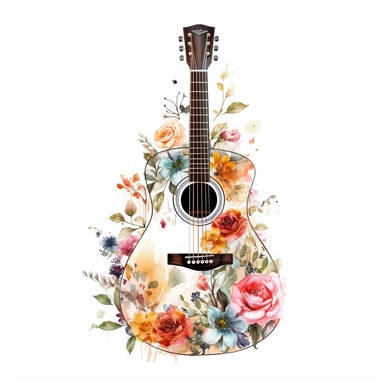 complex watercolor illustration of floral acoustic guitar in beautiful flowers professional hyperrealism,concept,art,8k,hd,watercolor,detailed,white backround,clipart