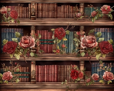 Royal Steampunk ClipArt, background paper, wall paper style, library, rows of books and wooden bookcases, roses, Watercolor Steampunk PNG, Victorian Clipart, Fantasy Clipart, deep reds and burgundy's