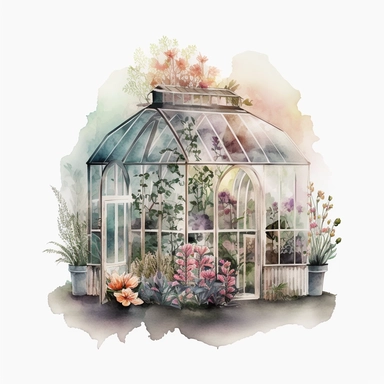greenhouse with flowers, watercolour style, clipart