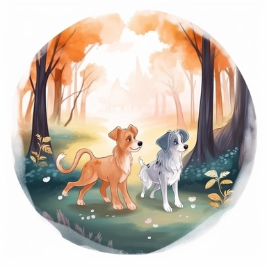 Create One clipart inspired by dog walking with human: The clipart exudes a cozy ambiance, with a sense of warmth and tranquility. It invites viewers to imagine themselves wandering through this magical nature, discovering its secrets and encountering fantastical creatures.cozzy watercolor style. in 4K. so it can be used in fantasy books. beautifull coloring