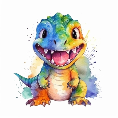 extremely cute and happy baby t-rex, two legs, two stubby arms, vibrant watercolor clipart, 8k