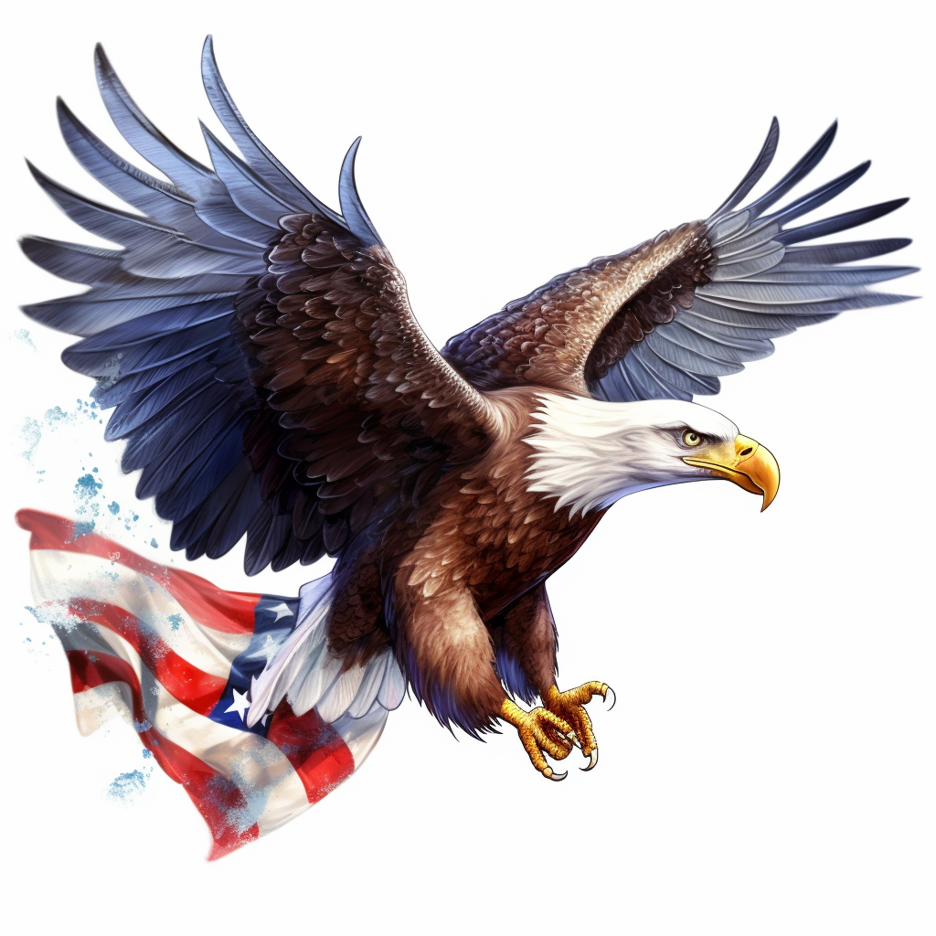 flying bald eagle with american flag in his talons, clip art, white ...