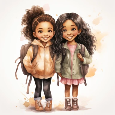watercolor hand drawn ,Cute little African American girlschool , best friends ,with backpack and book, full body, Cartoon, Sublimation Clipart,illustration style, high solution, png transparent background, white background for removing background - - no text shadow font watermark