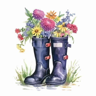 watercolor, Flowers in rubber wellies set. Floral branches, plants with gentle blooms, and leaves in gum boots. Gumboots with delicate summer bouquets png Full body realistic cartoon in 32K UHD cute. 15 cm thick outline. Black color. There was no shadow on the ground. 8k with realistic watercolors and detailed illustrations. PNG clipart, transparent white background