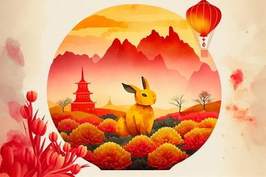 clipart, hand painted, watercolor, vectors, cosmic bright red background, sharp focus, highly detailed, Golden Rabbit with round eyes, Chinese New Year, Bright Red, Celebration, Colorful Confetti behind, Cute, Cheerful, Disney style, Chinese lantern, beautiful Chinese landscape with yellow barley field, ancient pagoda and Buddha statue in zhangjiajie cliffs behind