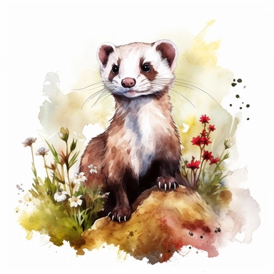 watercolor illustration of a ferret in nature clipart, in the style of realistic watercolor paintings, realistic, detailed, bright colours, white background, clipart