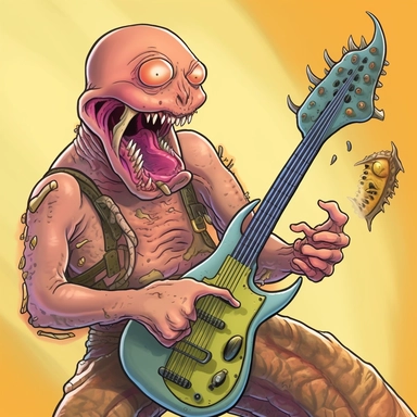 a Creature With The face of a Bald man in his 40's and the Body of a Slug like leech Creature Playing Heavy Metal Guitar Cartoon Clipart