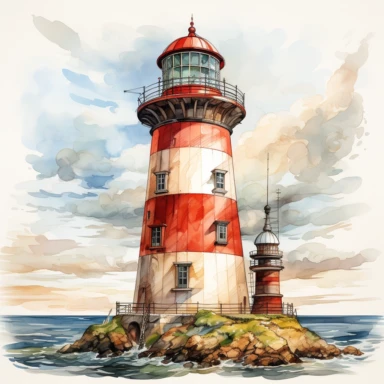 Cute Beautiful Lighthouse Clipart, Watercolor, hyper realistic, intricate detail, illustration style, high resolution, on the white background
