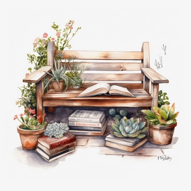 watercolor, hyper realistic, white background, white margins, 16k, ultra detailed clipart, cut out image, hand-drawn, whimsical, sticker style a peaceful garden corner with a wooden bench and a coffee table, a potted plant, and a stack of books. watercolor, hyper realistic, white background, white margins, 16k, ultra detailed clipart, cut out image, hand-drawn, whimsical, sticker style a peaceful garden corner with a wooden bench and a coffee table, a potted plant, and a stack of books