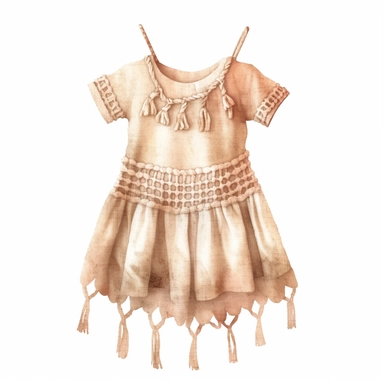 cute watercolor newborn boho Woven Macrame baby dress, isolated white background, babyshower clipart, 8k, bright beige boho colors