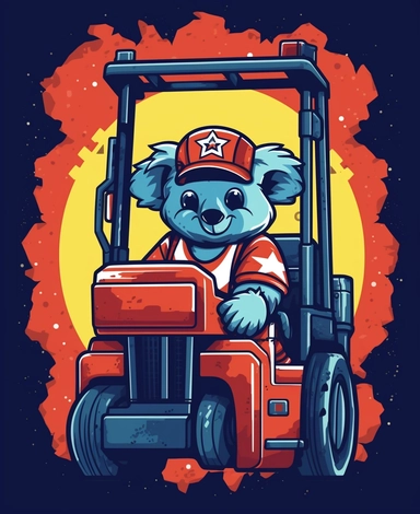 Showcasing a cartoon koala as a forklift operator, with the design featuring patriotic elements and colors reminiscent of the United States flag. The overall design can appear polished and poignant, with the koala proudly operating the forklift, that can be used as a sticker, colorful, highly detailed, with a white background, in the style of Pixar clipart, and no cut off edges.