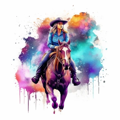 Cowgirl rodeo riding a horse illustration, nebular mix background, clipart, photorealistic illustration, watercolor, high detail, 8k polished, 8k, vibrant colors, sticker, majestic, die cut, white background
