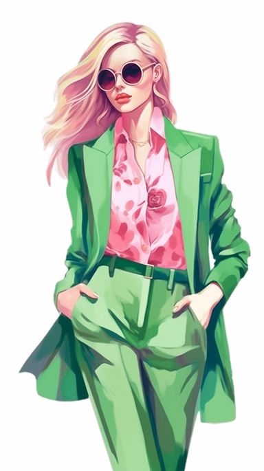 Faceless clipart, Boss girl clipart, Fashion illustration, woman clipart, Look Clipart, Fashion clipart, woman clipart, pink and green toned, royal, cartoon, painting