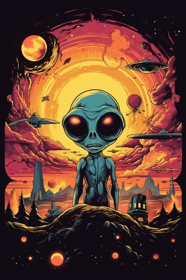 Artwork for t shirt graphic of majestic vibrant color magnificent funny Alien with planets and solarsystem in the Back, starting Rocket from the ground, in a pencil drawing style, A vibrant featuring a sun setting over a futuristic City, with a soft pink sky and a hint of orange in the horizon white background, colorful shades, Centered, highly detailed clean, vector image flat white background, isometric, vector image, clipart, front view, retro style, white background, colorful shades, highly 