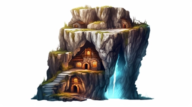 isolated images, illustrations on a white background, cave entrance , serene, dark fantasy ,Clipart, cartoon, realistic, isolated, full building, highly detailed, hdr, 32K, photo expert quality,game asset , hyperrealistic and highly detailed, isolated on a white background