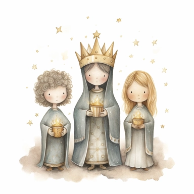 A watercolor painting of a cute nativity with 3 wise men holding gold, frankincense and myrrh, Christmas, cute detailed digital art, inspired by nicoletta ceccoli, by Kubisi art, whimsical and cute, by nicoletta ceccoli, cute detailed artwork, glimmering, adorable and whimsical, whimsical art, Clipart style, png style, svg style, blank white background, a solid white background