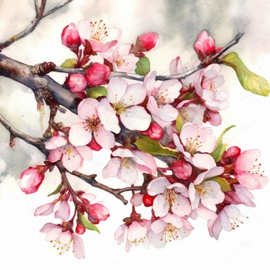 watercolour painting cherry blossom flowers close up clip art prunus cherry tree detailed flowers detailed bark and branches clipart on white background