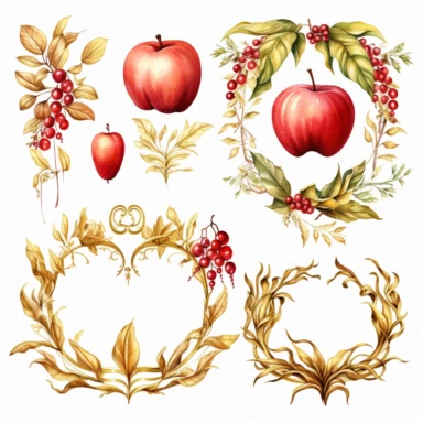 gold leaf and red apple frames, rococo, icicles, watercolor clipart