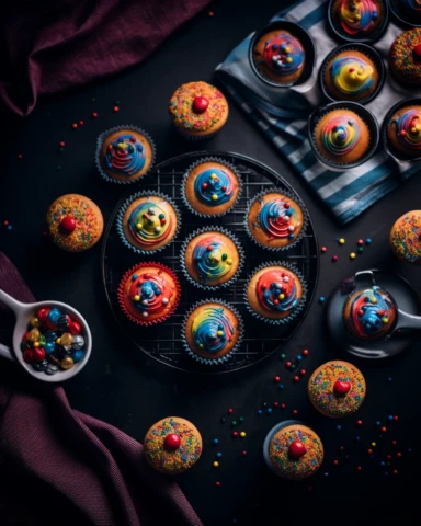 View from the top. Overhead shot of muffins with colorful frosting, with a blurry background showing a black kitchen countertop and dishes. The focus is on the food. Everything else is out of focus. Food photography. Natural window light with light rays visible. Well lit by 3-point lighting. Appetizing composition. Award-winning food photography, insanely detailed. Use a Sony α7 III camera with a 200mm lens and F 1.2 aperture.
