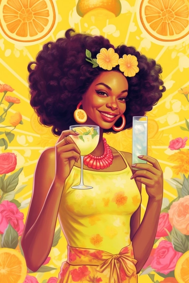 gorgeous joyful black woman, clipart, cartoon illustration, christa mckenzie pose and head pose photos a new lemonade business website, in the style of vibrant lemon and floral backdrops, synthetism-inspired, pop cultural, 32k uhd, smilecore, embroidery art, bold curves