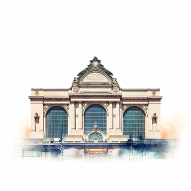 New York Grand Central Terminal Station in the style of delicate minimalistic illustration, sparse and simple bright watercolor, mostly blank, dotted, plenty of white space, low view, 8k, high resolution, hyper quality, separate element, clipart, white background