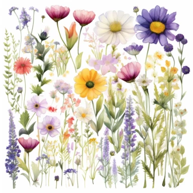 Create a clipart collection featuring a variety of wildflowers found in meadows and fields. Include flowers like daisies, poppies, and lavender. Use a range of colors to bring out the diversity of these flowers, and incorporate light washes and splatters to give the clipart a free and organic feel. white background