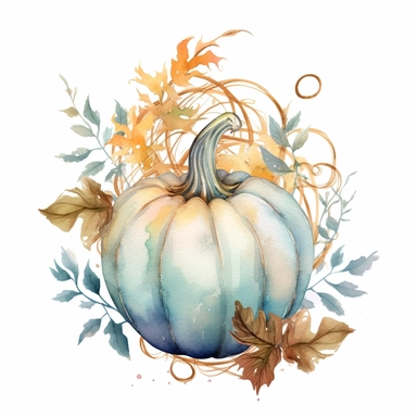 Watercolor pastel velvet boho pumpkin with gold ornate watercolor sitting on pumpkin leaves white background. clipart