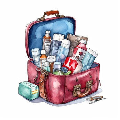 first aid kit with medical equipment,Watercolor style, Clipart,on white background with margins