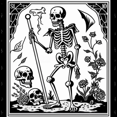 clipart black and white vector illustrations of death tarot card, vector illustration, skeleton smoking joint