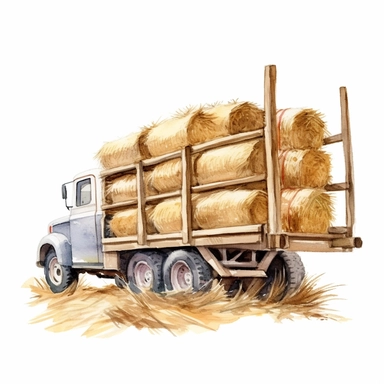 side view realistic watercolor drawing of bales of hay on a rustic truck on a farm, on a white background where the background will be removed to repurpose as a clipart.