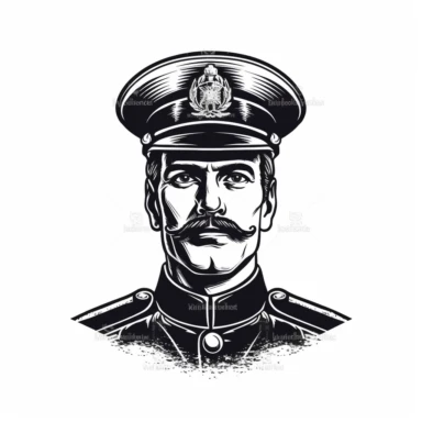military officer wearing hat , vintage, logo, clean, solid color, black and white color, clip art style, vector style, white background, i can't believe how cool this is
