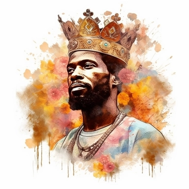 Watercolor floral African American king with a crown, radiating with fire in a pulpit, realism, png format,Clipart, Sublimation, white background