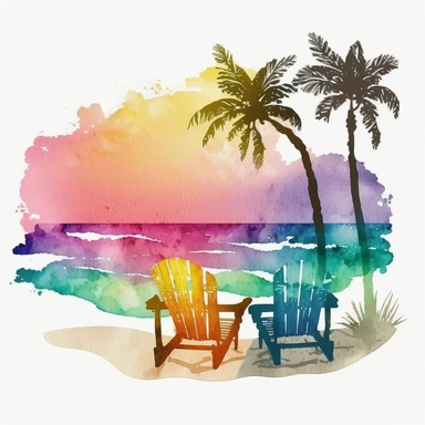 To create a holographic beach scene using the Watercolor Clipart style, we can start by including a beautiful view of the beach. Perhaps the sun is setting in the background, casting a warm, inviting light across the scene. We could add some palm trees or other beach foliage to give the scene a tropical feel. In terms of content, we could include some beach chairs, umbrellas, and maybe even a beach bar in the scene to give it a fun and lively vibe. To make the scene even more exciting, we could 