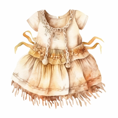 cute watercolor newborn boho Woven Macrame baby dress, isolated white background, babyshower clipart, 8k, bright beige boho colors