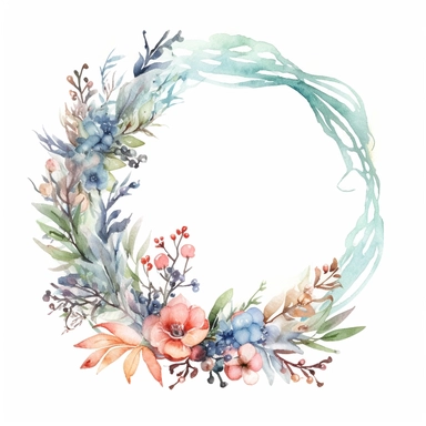 one watercolor wreath print clipart illustration on a white background, in the style of wilhelmina weber furlong, magali villeneuve, swirling vortexes, gari melchers, decorative borders, whirring contrivances, meticulously crafted scenes, no watermark, text, words, paintbrush , 300 DPI , typography, the images do not stick together, no text in the picture
