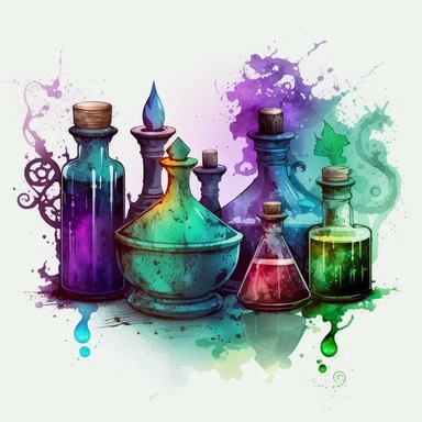 Many Magical Potion bottles on the wizard table with watercolor effect,mystical magic books,victorian style candlestick,fantasy scene, suitable for digital clipart,dark colours,purple color,blue color,green color,white background