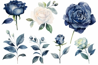 Watercolor clipart collection of matching and coordinating navy roses, isolated elements on a white background with a wide margin