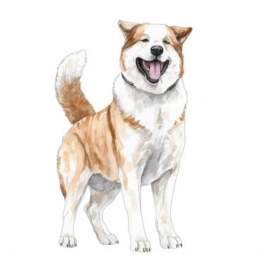 akita, happy, whole body, standing, clipart, hand-drawn clipart, realistic, clear lines, neutral watercolor, isolated, white background,