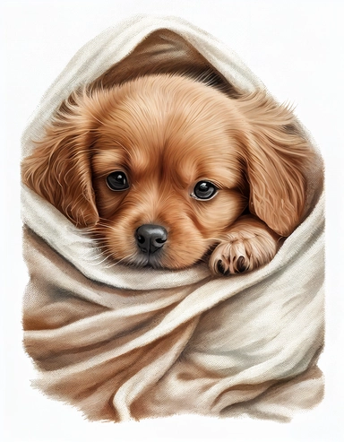 baby dog in a blanket, watercolor clipart, transparent background,